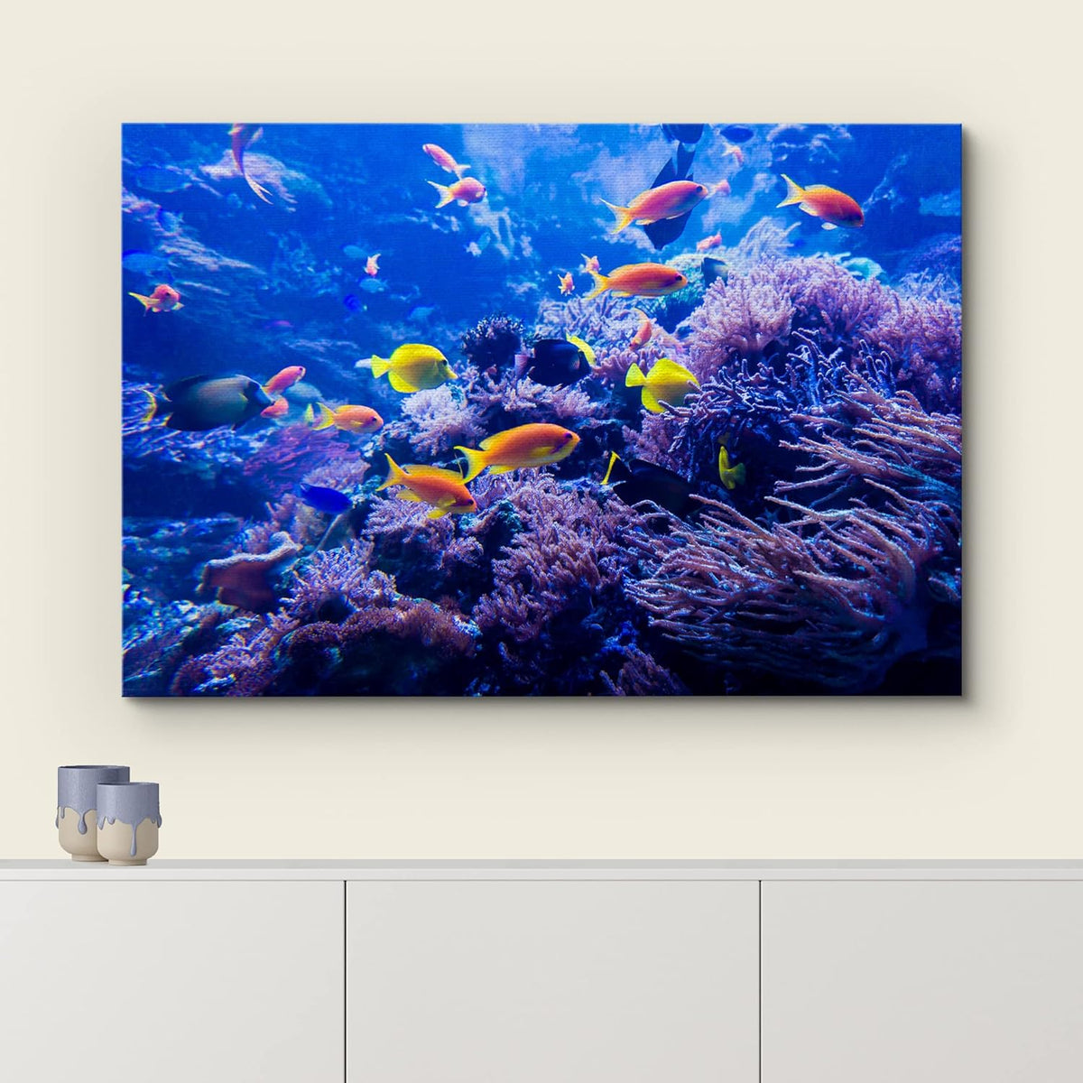 wall26 Canvas Print Wall Art Purple Blue Vibrant Anemone Coral Reef Fish Nature Animals Photography