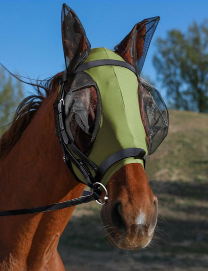 Horse Fly Mask with Ears, UV Protection for Horses, Elasticity with Big Mesh Eye Covers, Snug