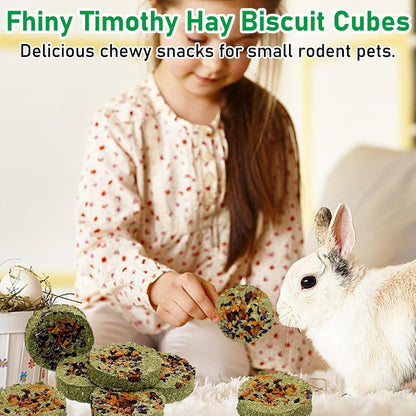 Fhiny 24 PCS Rabbit Chew Toys, Natural Timothy Hay Carrot Pumpkin Purple Potato Biscuit Cubes Bunny