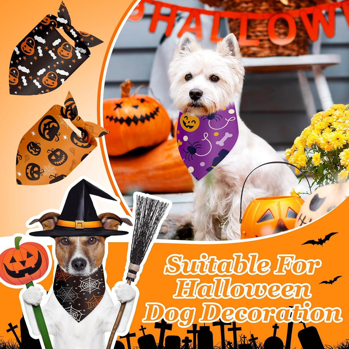 Chunful 30 Pcs Halloween Dog Bandanas Bulk Triangle Bandanas for Dogs Grooming with Pumpkin Ghost