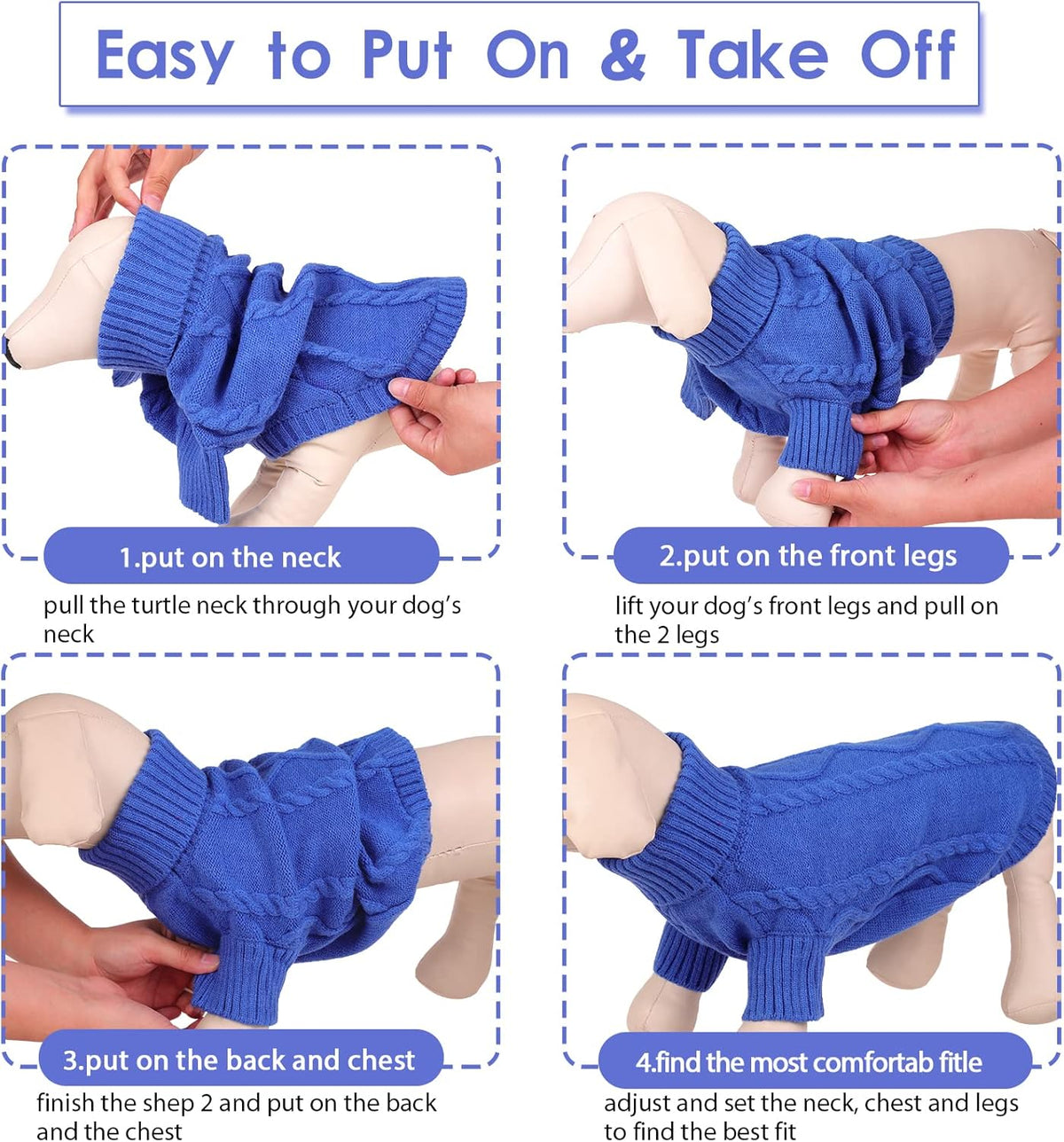 Queenmore Small Dog Pullover Sweater, Cold Weather Cable Knitwear, Classic Turtleneck Thick Warm