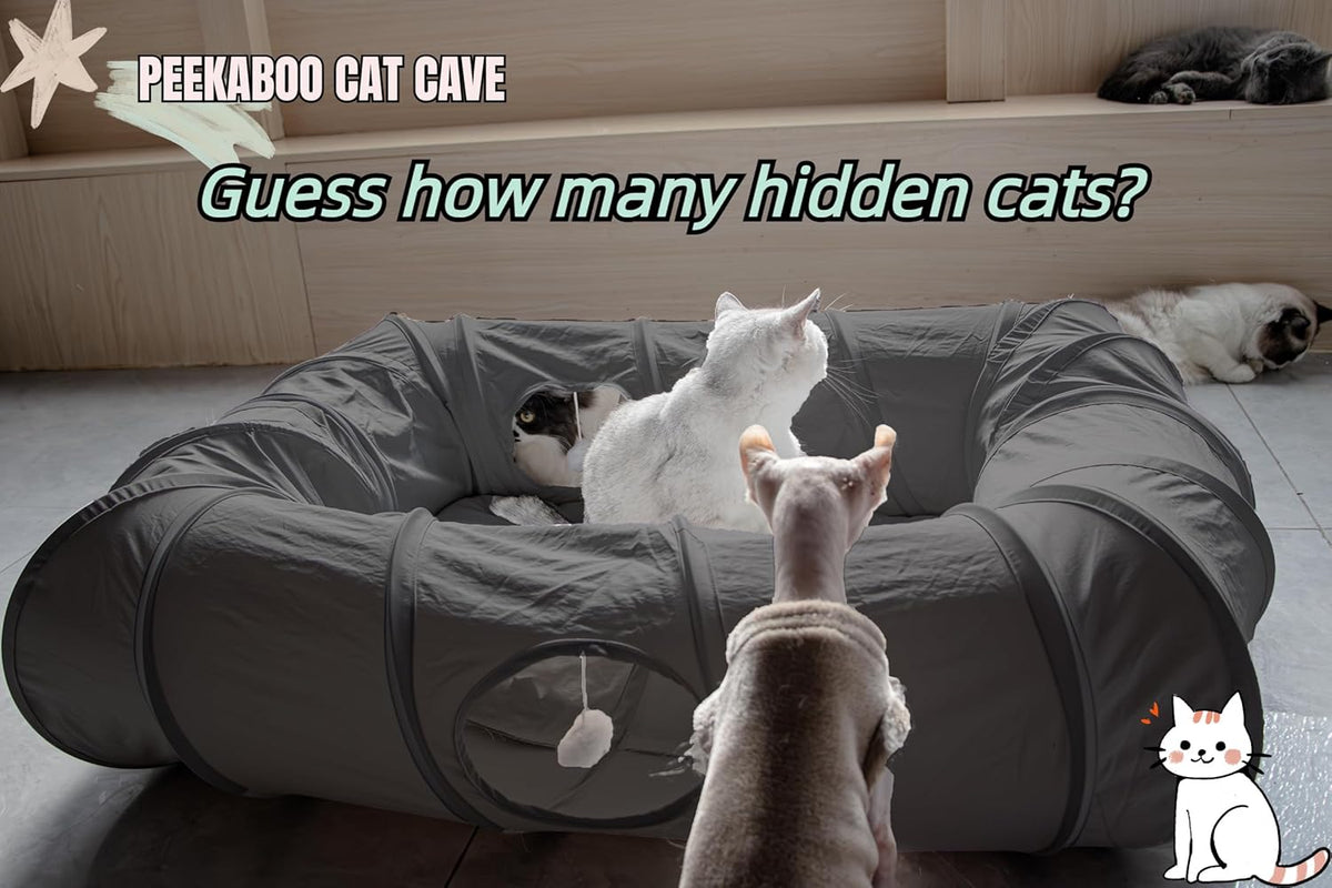 XxingSheep 4 Ways Shuttled XL Cat Tunnel Bed for Indoor Cats Peekaboo Cat Cave Donut with Cool Mat