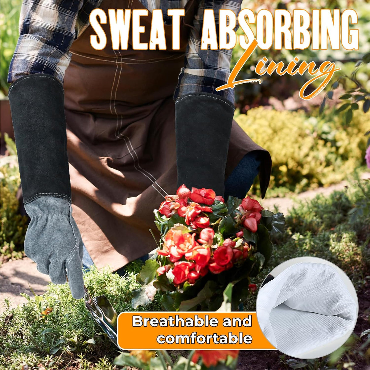 HANDLANDY Long Gardening Gloves for Men & Women, Cowhide Leather Rose Pruning Gloves, Breathable