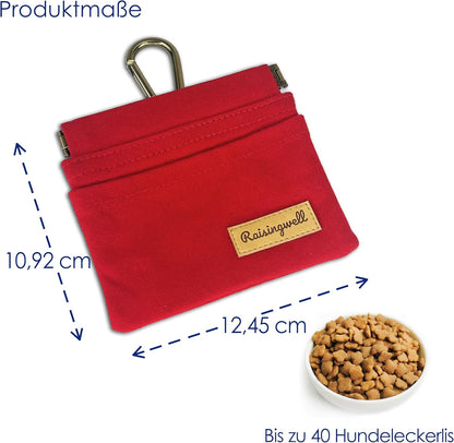 Dog Treat Pouch, Red Pocket Sized Pet Training Pouch, Cotton Fabric, Hand Free Dog Walking Bag with