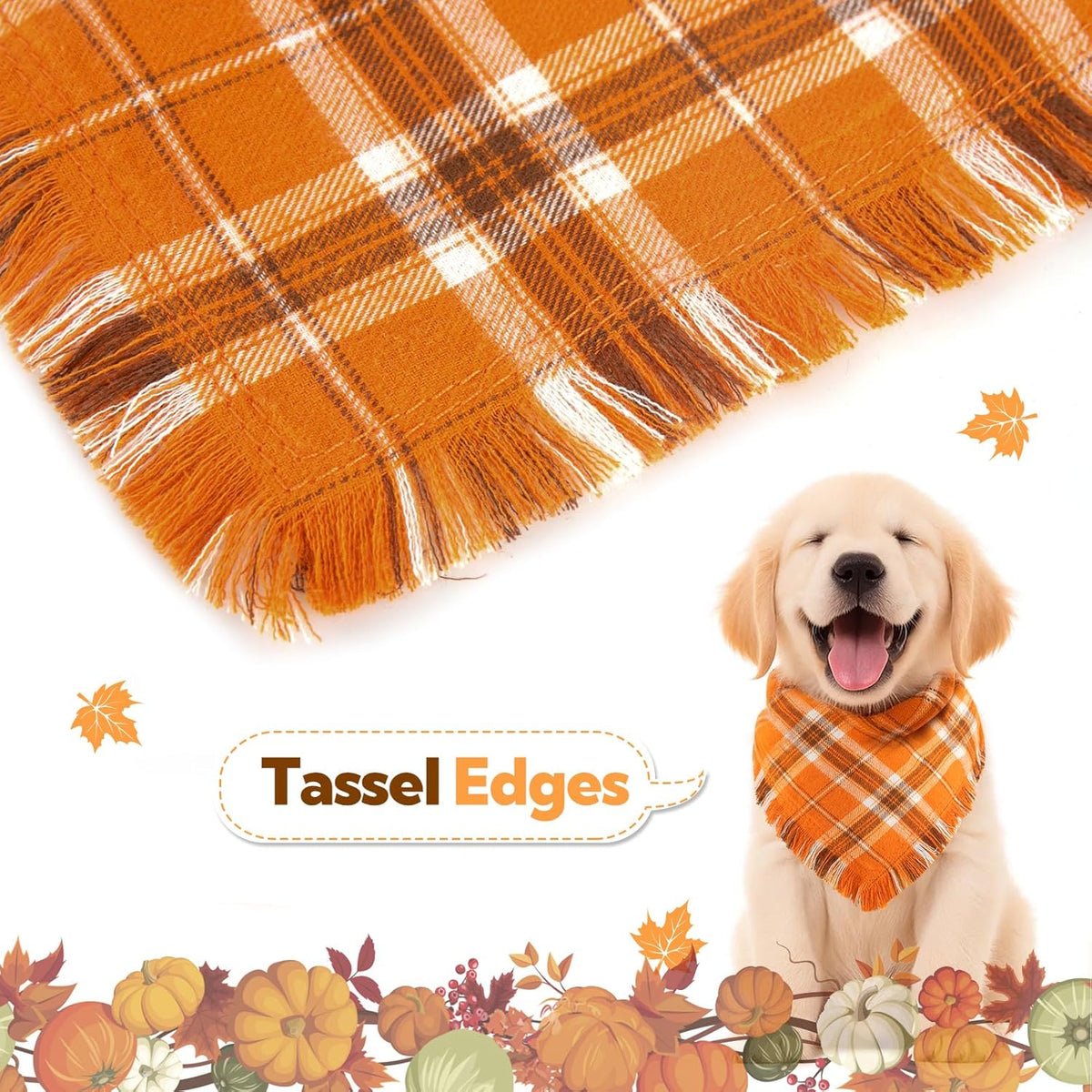 Kytely Fall Dog Bandana 2 Pack, Halloween Thanksgiving Dog Bandanas, Orange Plaid Pet Scarf for Boy
