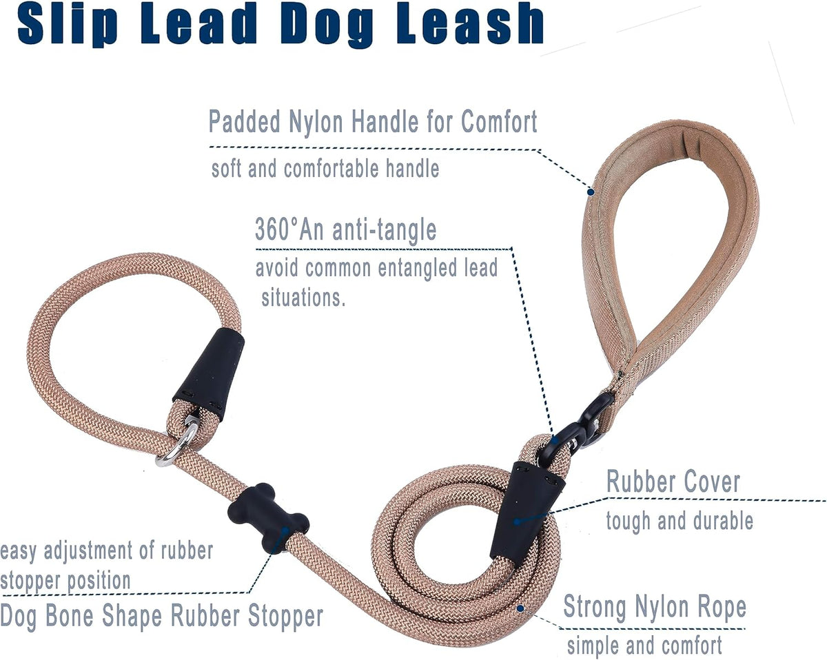 Slip Lead Dog Leash，Strong Nylon Rope Leash and Padded Handle,No Pull Outdoor Walking Training Lead