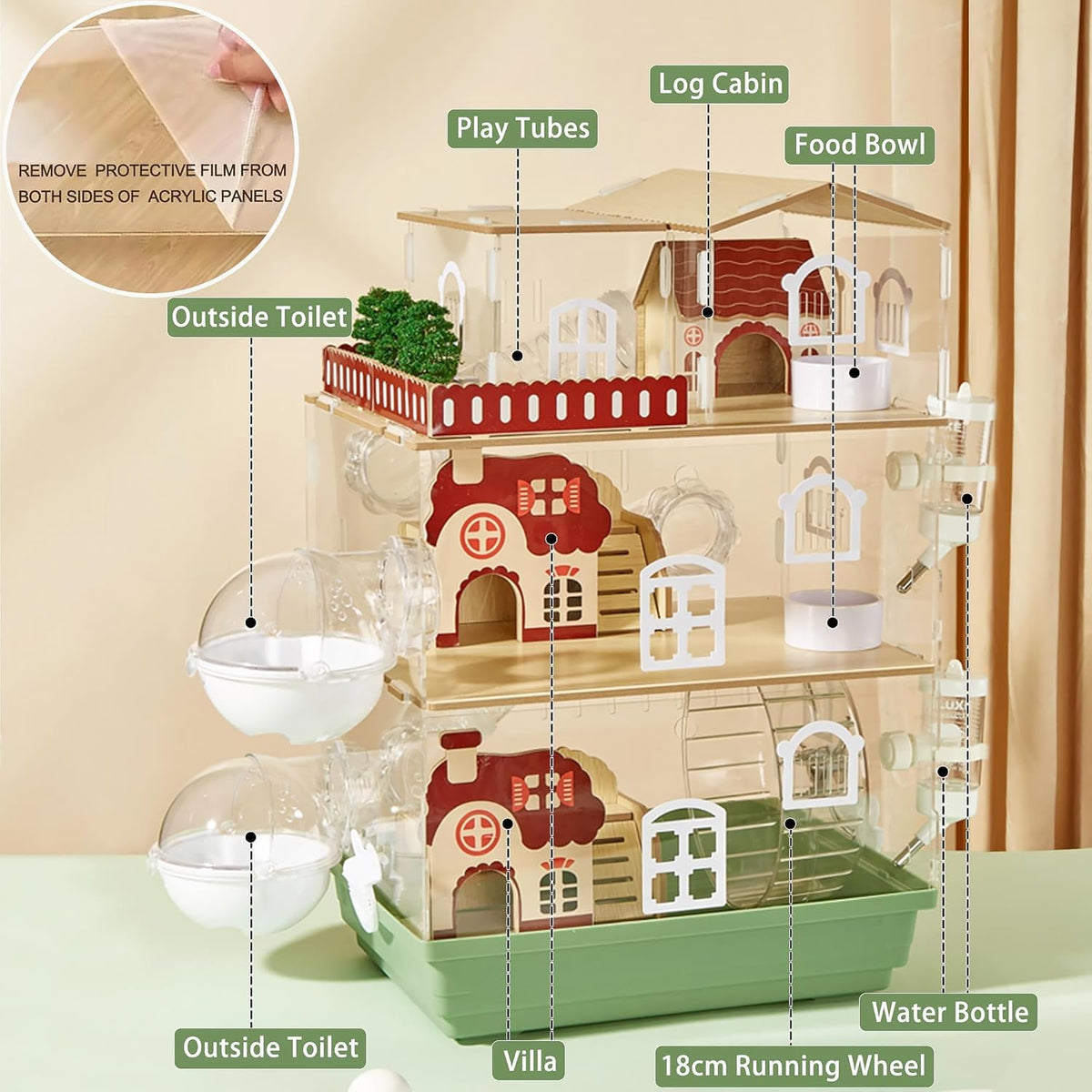 17 in 1 Clear Acrylic Hamster Cage with All Accessories,13.5''L* 10''W* 21''H Dwarf Hamster