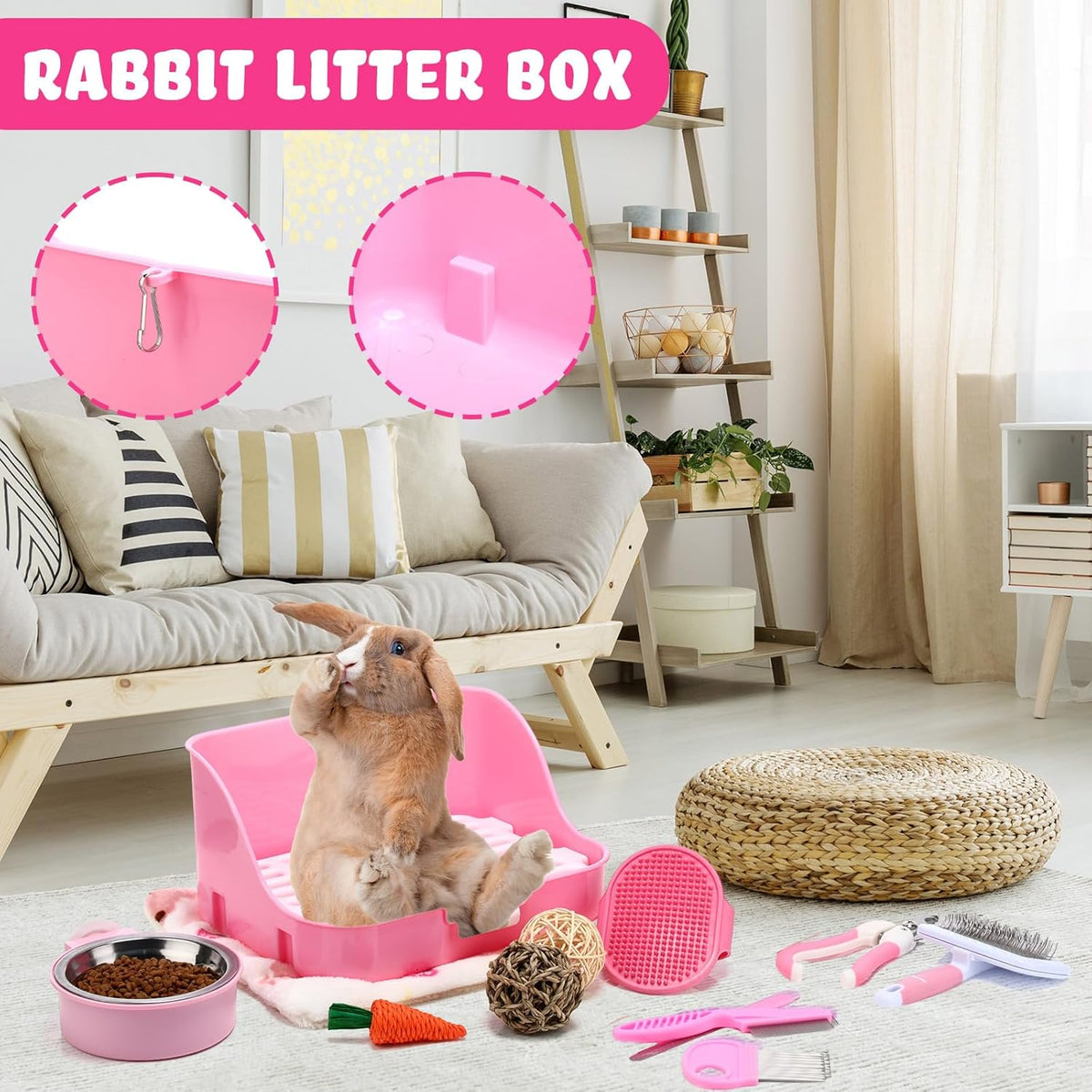 15 Pcs Rabbit Starter Kit Small Rabbit Litter Box Animal Grooming Kit Bunny Toys Bowl Blankets with