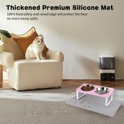 Upgraded Elevated Cat Bowls with Food Mat,15°Tilted Stand Anti Vomiting Raised Cat Dishes for Food
