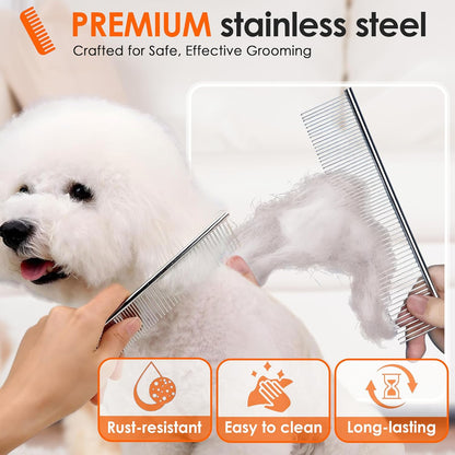 Dog Comb to Remove Tangles and Knots, Cat Comb with Stainless Steel Teeth and Non-Slip Handle, Dog