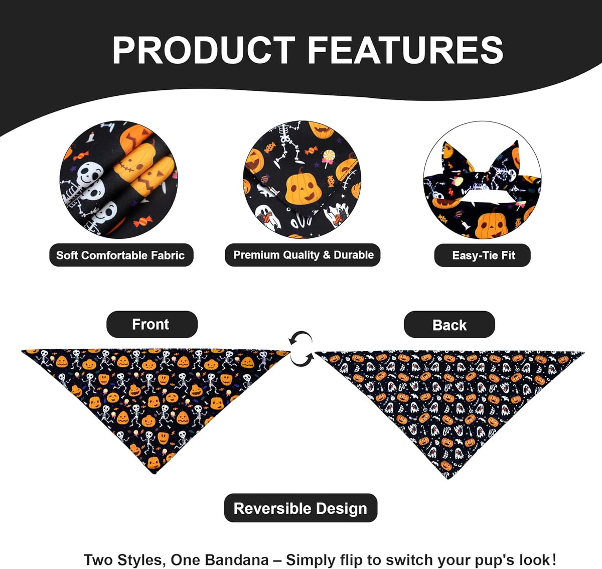 Halloween Dog Bandana for Small Dogs - Reversible Black Skull Pumpkin Print Scarf - Soft &