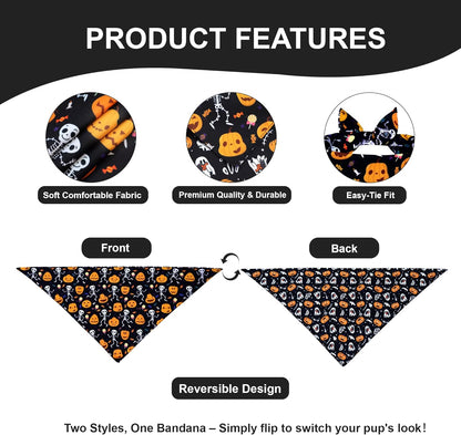 Halloween Dog Bandana for Small Dogs - Reversible Black Skull Pumpkin Print Scarf - Soft &