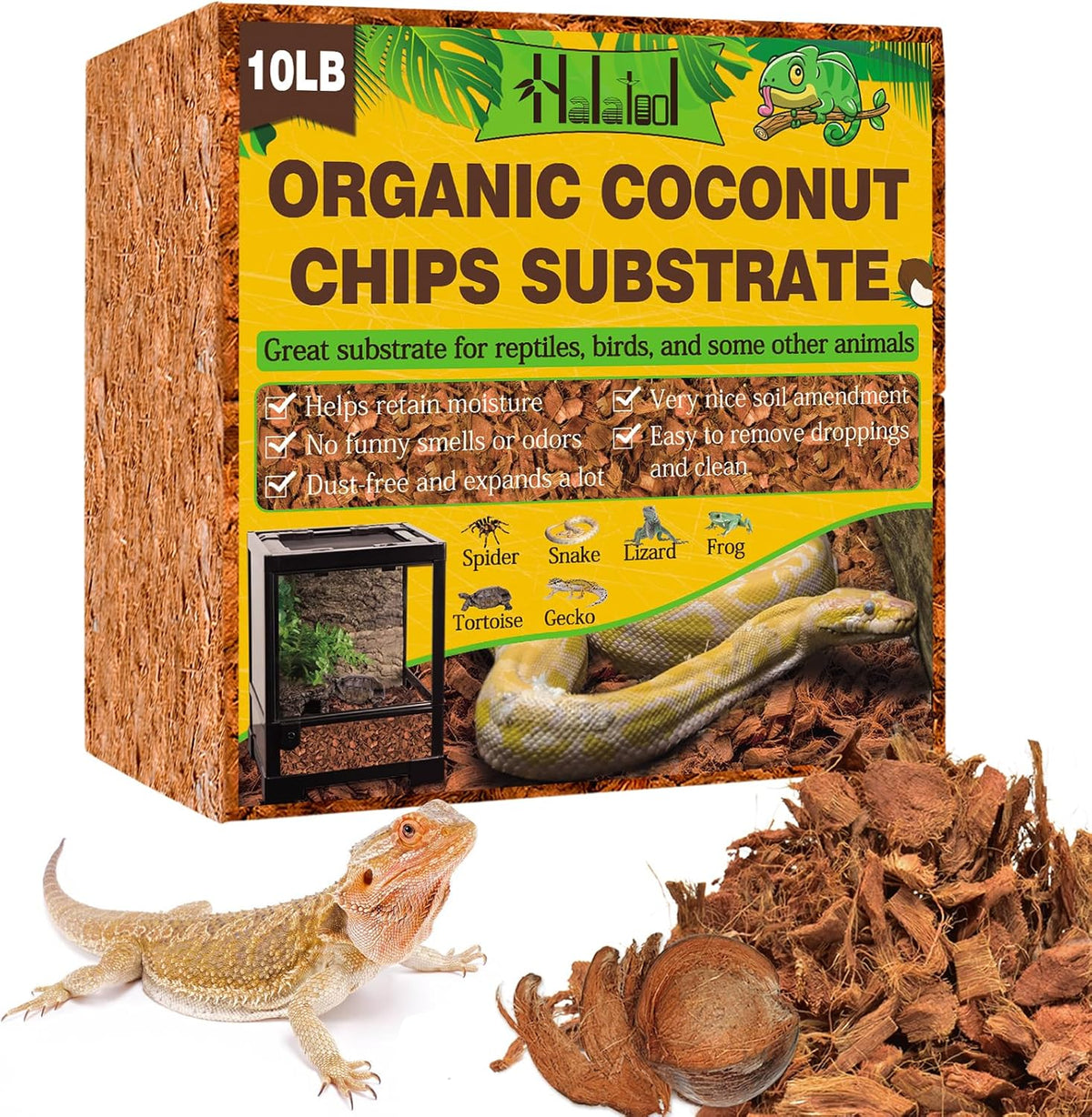Halatool 10LB Coconut Chips Substrate for Reptiles 72QT Natural Coco Husk Snake Bedding for Ball