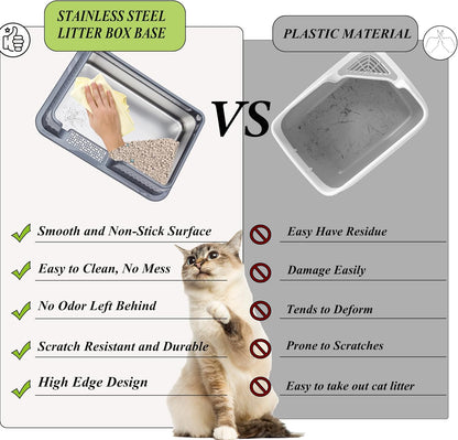 Suhaco Stainless Steel Litter Box Side Entry, Kitty Litter Mat and White Scoop Included Covered