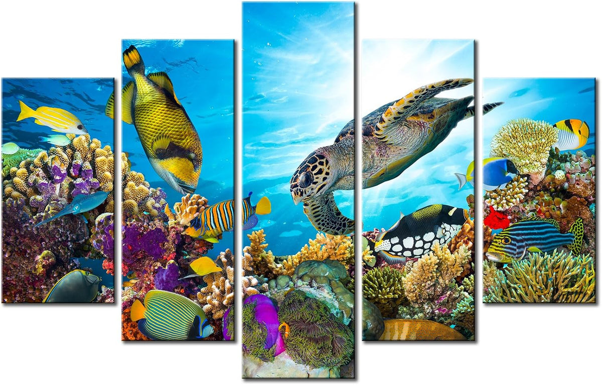 Xlarge 5 Piece Underwater World Canvas Wall Art Painting Sea Turtles Tropical Fish Swim on Coral