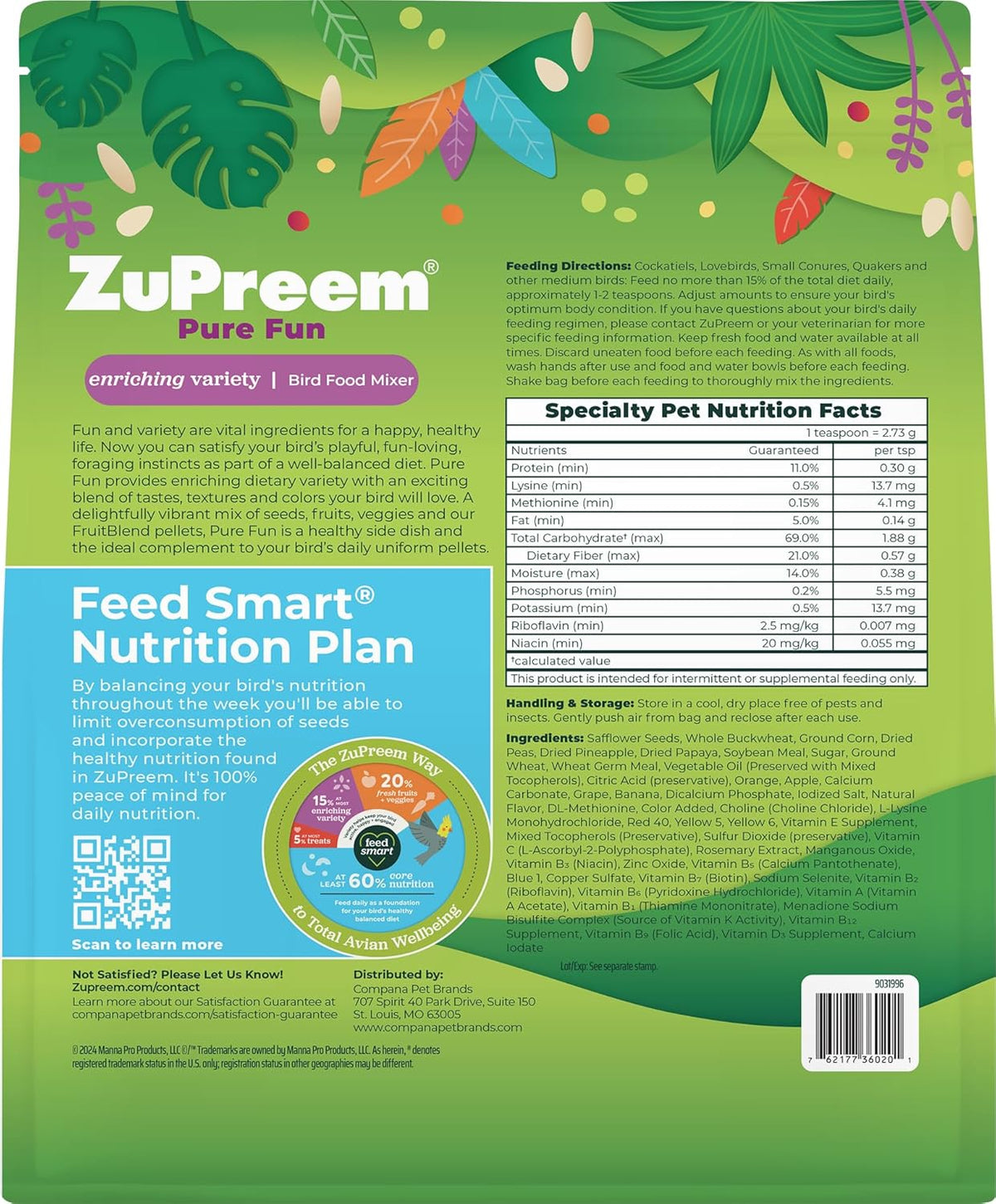 ZuPreem Pure Fun Bird Food, Cockatiel, Lovebird, Quaker, Small Conure, Lorikeet, Seed and Pellet