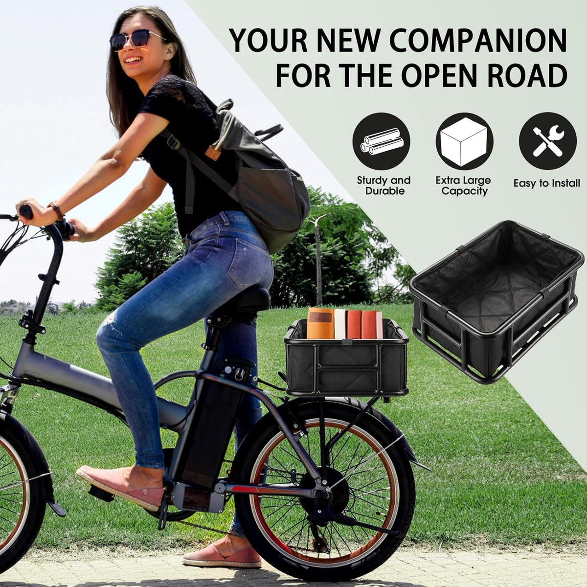RAYMACE Rear Rack Bike Basket with Cargo Net and Liner Large Bicycle Basket Perfect Mount for