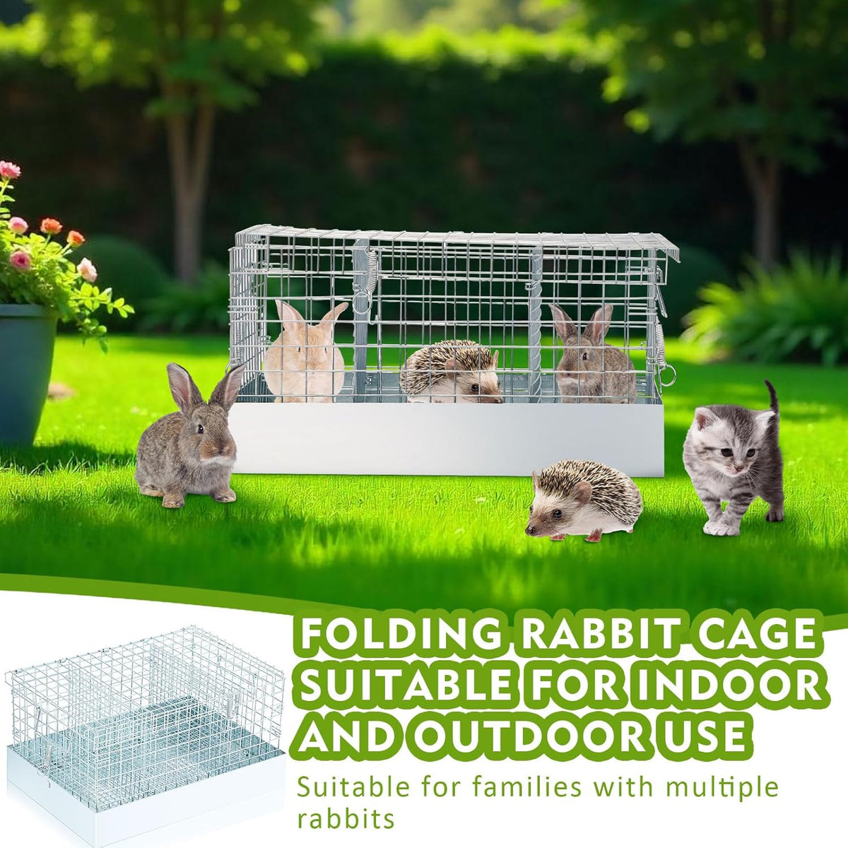 Folding Rabbit Cage, 18 x 12 x 10 in Portable Bunny Carrier with Tray and Handles for Transport