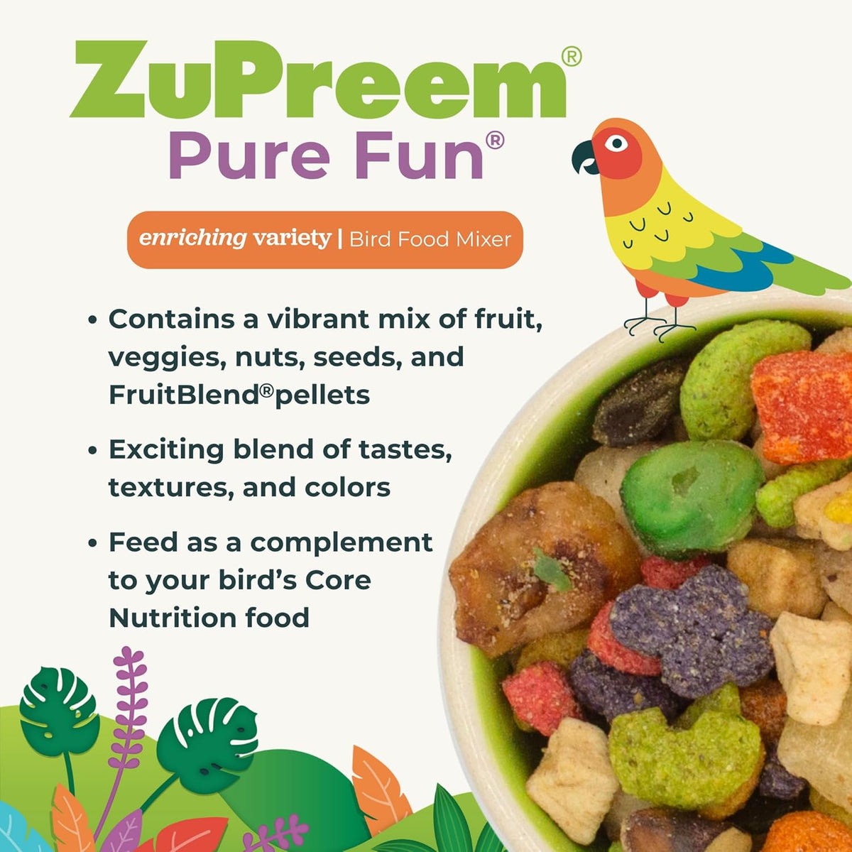 ZuPreem Pure Fun Bird Food, Cockatiel, Lovebird, Quaker, Small Conure, Lorikeet, Seed and Pellet