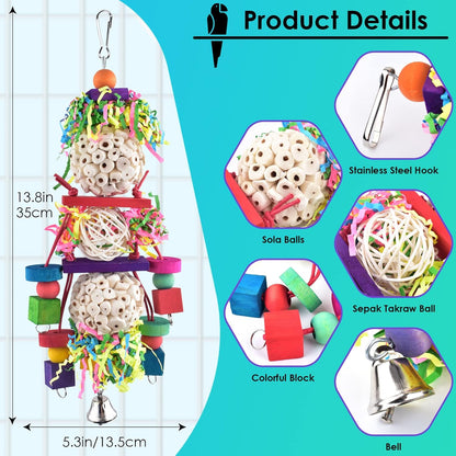 Bissap Conure Toys, Bird Parrot Foraging Shredder Hanging Toys Sola Balls Sepak Takraw with Bell