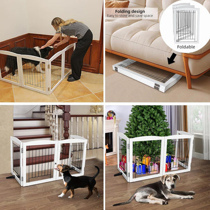 ZJSF Freestanding Dog Fence Indoor, Foldable Dog Gate for Doorways, Stairs or Hallways, Sturdy Wood