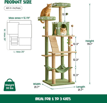 MWPO 70.1-Inch Green Large Cat Tree, Multi-Level Tall Cat Tower for Indoor Cats, Plush Cat Condo