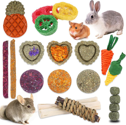 VESPRO Bunny Toys, 21PCS Rabbit Chew Toys for Teeth, Guinea Pig Natural Treats, Timothy Hay Sticks