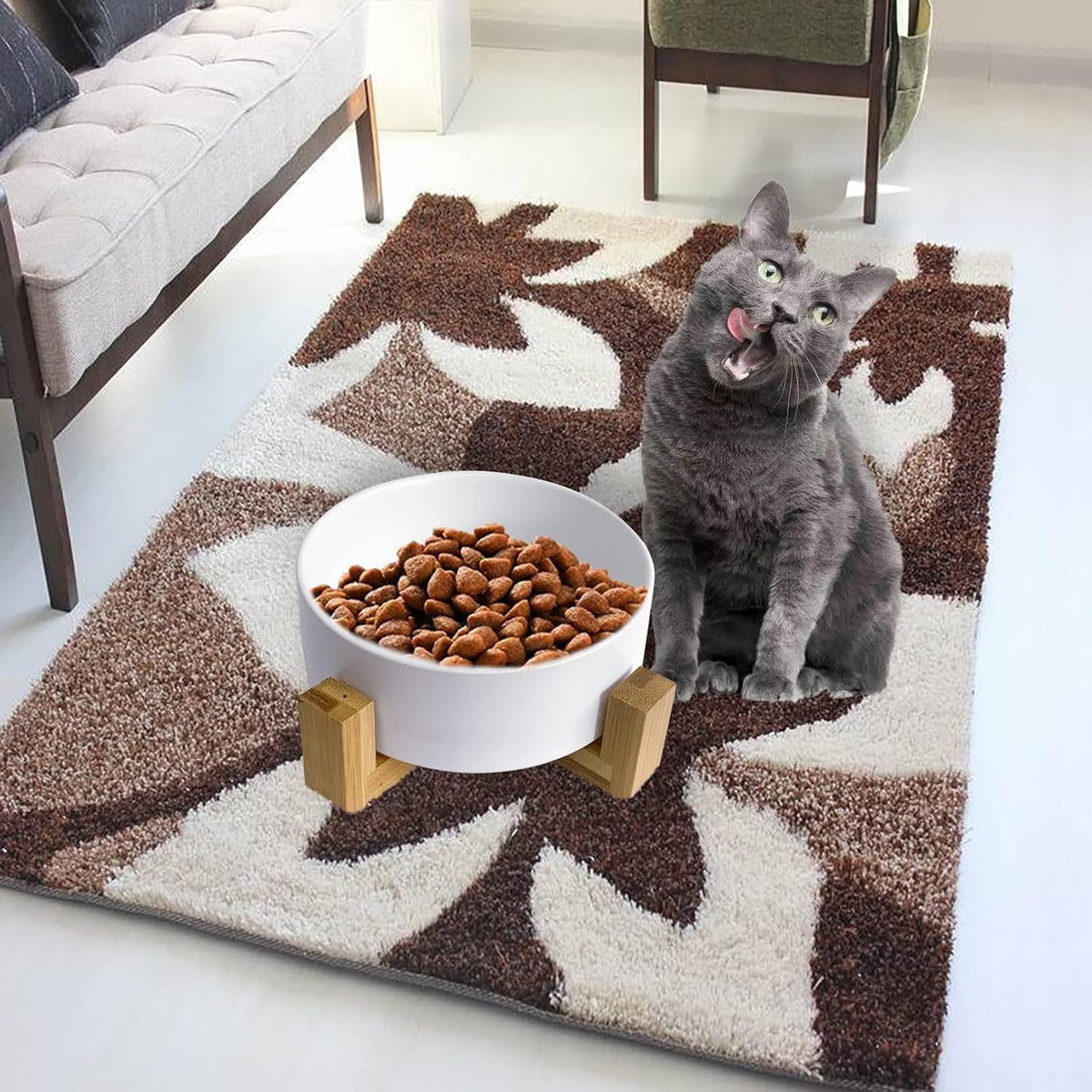 Ceramic Dog Cat Bowl with Wood Stand,Cat Food & Water Bowls Elevated Non-Spill Modern Cute Kitty