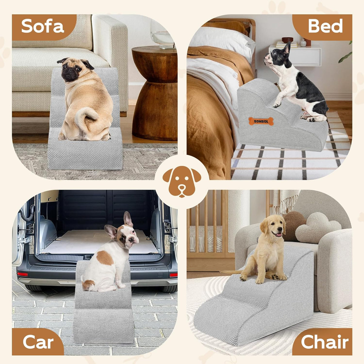 Romrol Dog Stairs Ramp for High Beds Couches, High Density Foam Pet Steps with Durable Non-Slip