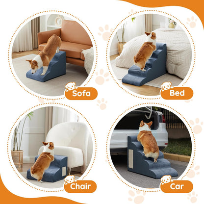 Pet Stairs for Small Dogs - 3-Step Curved Dog Ramp for Bed, Couch, Sofa, Car and Chairs - Non-Slip