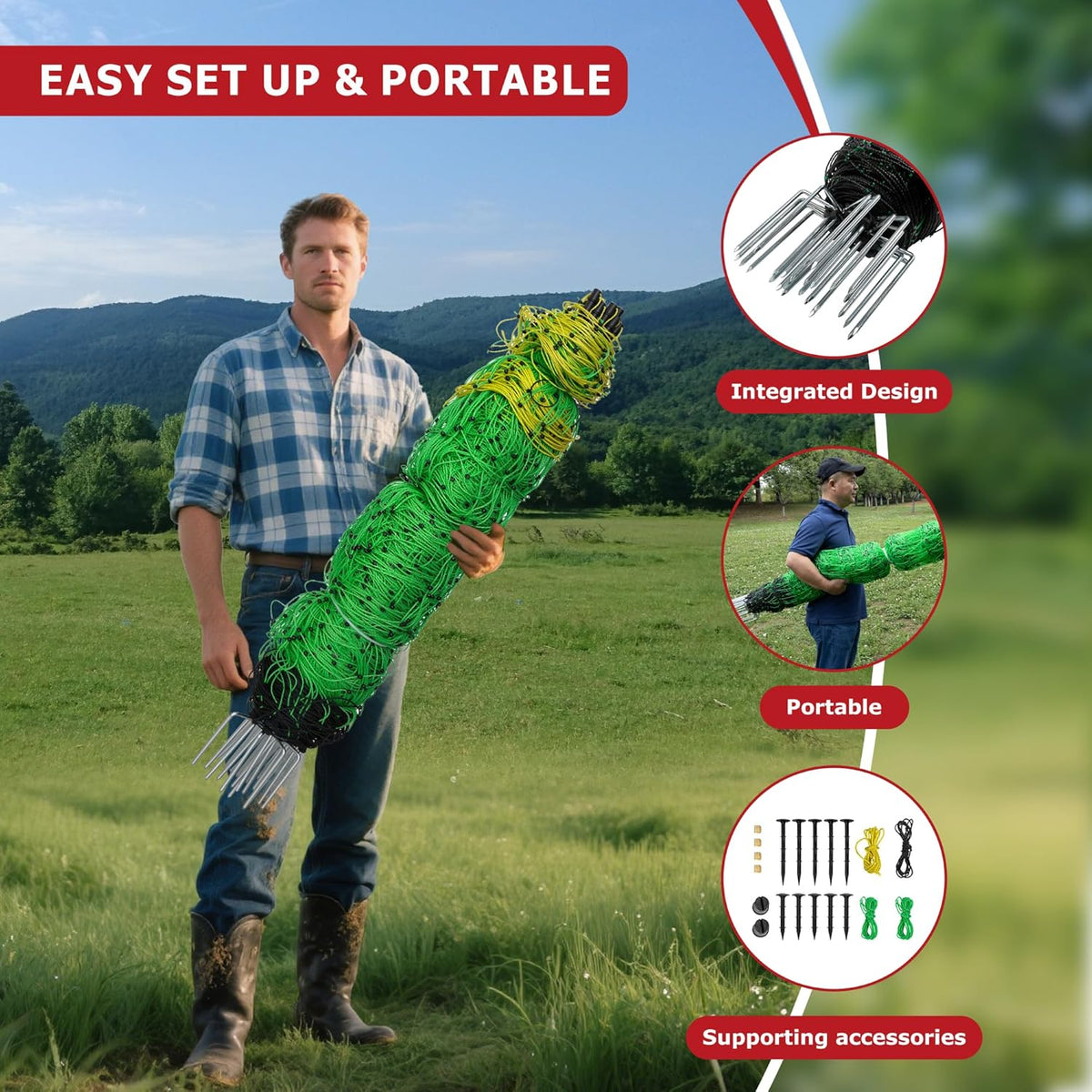 Electric Fence Netting, 164'L x 42.5" H Electric Fence Kit for Livestock, Goat, 14 Posts Double