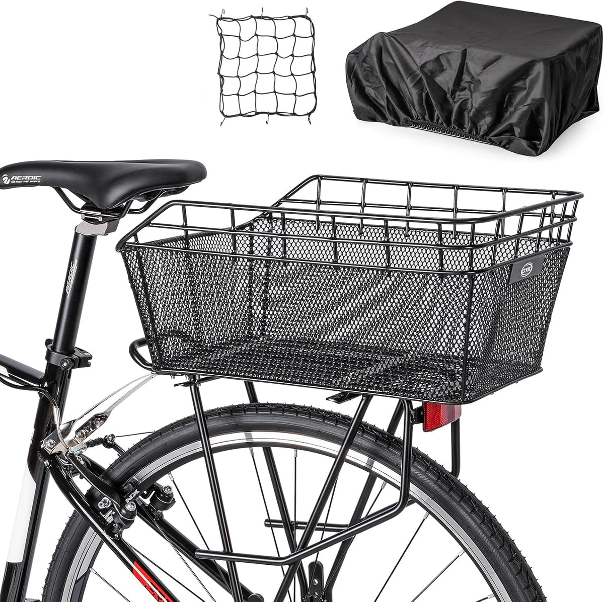 Rear Bike Basket - Large Bicycle Rear Basket with Cargo Net and Waterproof Cover, Wire Bike Baskets