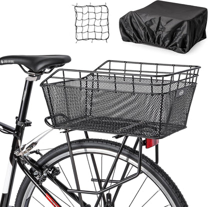 Rear Bike Basket - Large Bicycle Rear Basket with Cargo Net and Waterproof Cover, Wire Bike Baskets
