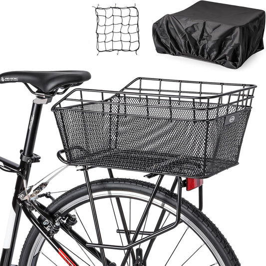 Rear Bike Basket - Large Bicycle Rear Basket with Cargo Net and Waterproof Cover, Wire Bike Baskets