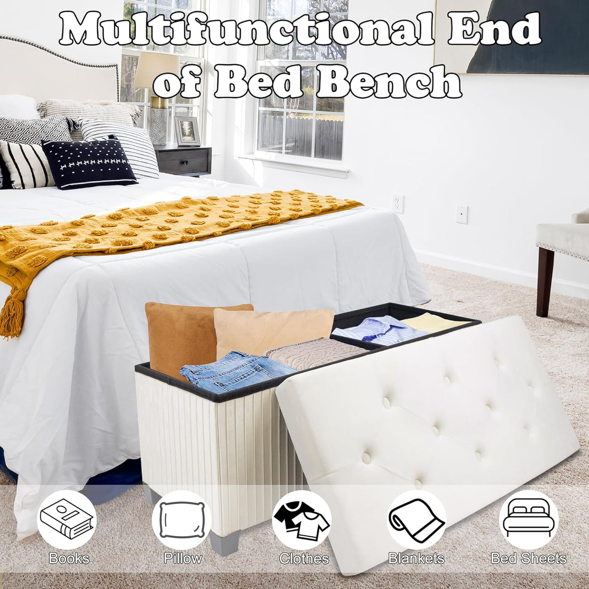 Storage Ottoman Bench, 43 Inch Foldable Ottoman with Legs, Velvet Foot Rest Stool, End of Bed