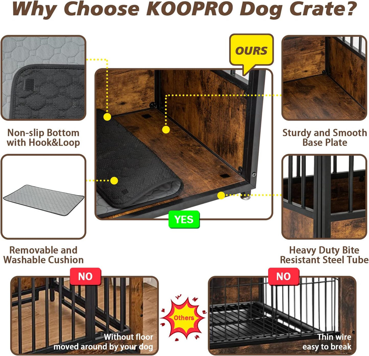 KOOPRO 40 Inch Dog Crate Furniture with Cushion for Large Medium Dogs, Wooden Heavy Duty Dog Kennel