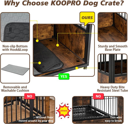 KOOPRO 40 Inch Dog Crate Furniture with Cushion for Large Medium Dogs, Wooden Heavy Duty Dog Kennel