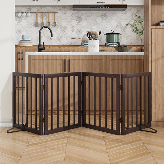 Wooden Dog Gate Freestanding Foldable 4 Panel Pet Gates Extra Wide Dog Gates for Indoor Doorways