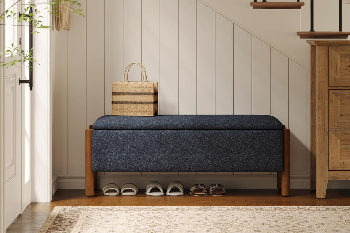 Modern Storage Benches with Walnut Wood Legs, 47'' Ottoman Bench with 20 Gallons Storage Space for