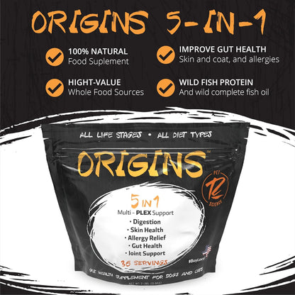 Origins 5-in-1 Dog Supplement - Powdered Food Topper w/Natural Omega 3 Fish Oil - Supports Healthy