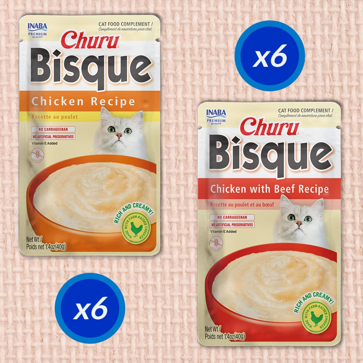 INABA Churu Bisque for Cats, Creamy Lickable Purée Side Dish with Vitamin E, 1.4 Ounces per Pouch
