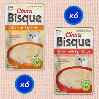 INABA Churu Bisque for Cats, Creamy Lickable Purée Side Dish with Vitamin E, 1.4 Ounces per Pouch