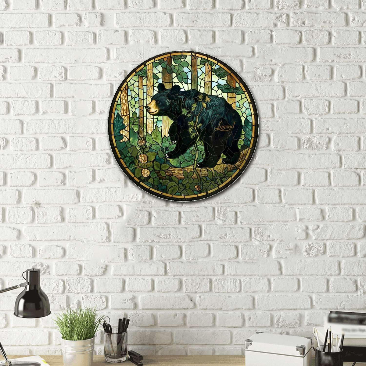 Lygond Metal Sign Tin Sign Circular Stained Glass American Black Bear Funny Bathroom Wall Decor for