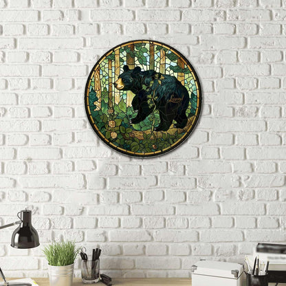 Lygond Metal Sign Tin Sign Circular Stained Glass American Black Bear Minimalist Wall Art for