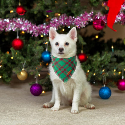 ADOGGYGO Christmas Dog Bandanas with Tassels, Red Green Plaid Pet Xmas Scarf Bib, Multiple Sizes