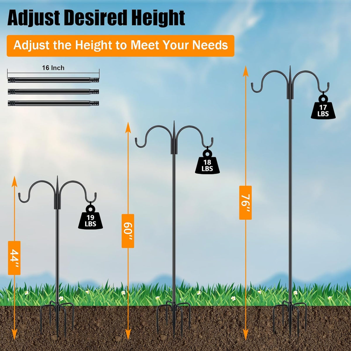 FEED GARDEN Adjustable Double Shepherds Hook for Outdoor with 5 Prong Base 76 Inch Heavy Duty Two
