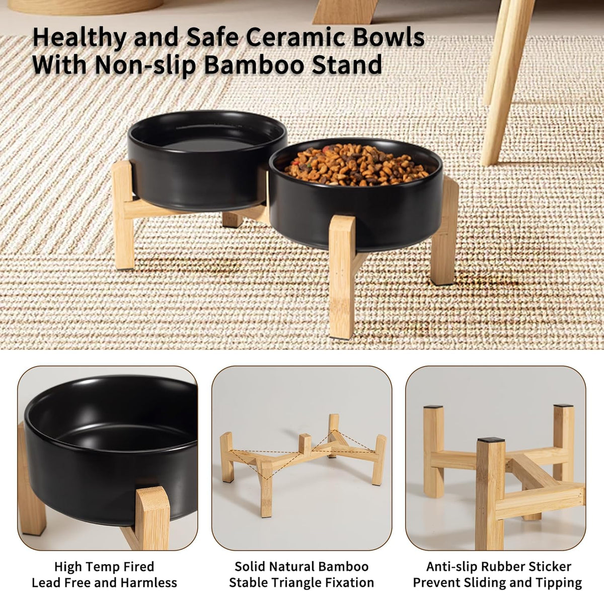 Elevated Ceramic Dog Bowl Set - Raised Feeding Bowls with Non-Slip Bamboo Stand - Small Pet Dishes