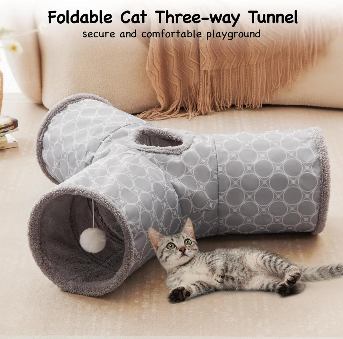 Tempcore Pet Cat Tunnel Tube Cat Toys 3 Way Collapsible, Cat Tunnels for Indoor Cats Fleece-Lined
