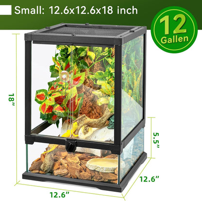 18x12x12 12 Gallon Glass Reptile Tank Front Opening Terrarium Suitable for Leopard Geckos, Snakes