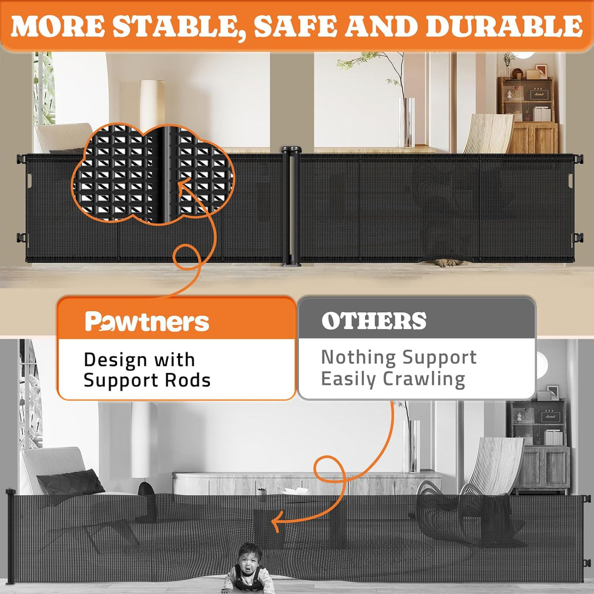 2-in-1 Retractable Baby Gates, 41" Tall Mesh Dog Gate 1-Pack, One Side Up to 200" Wide, Total 400"